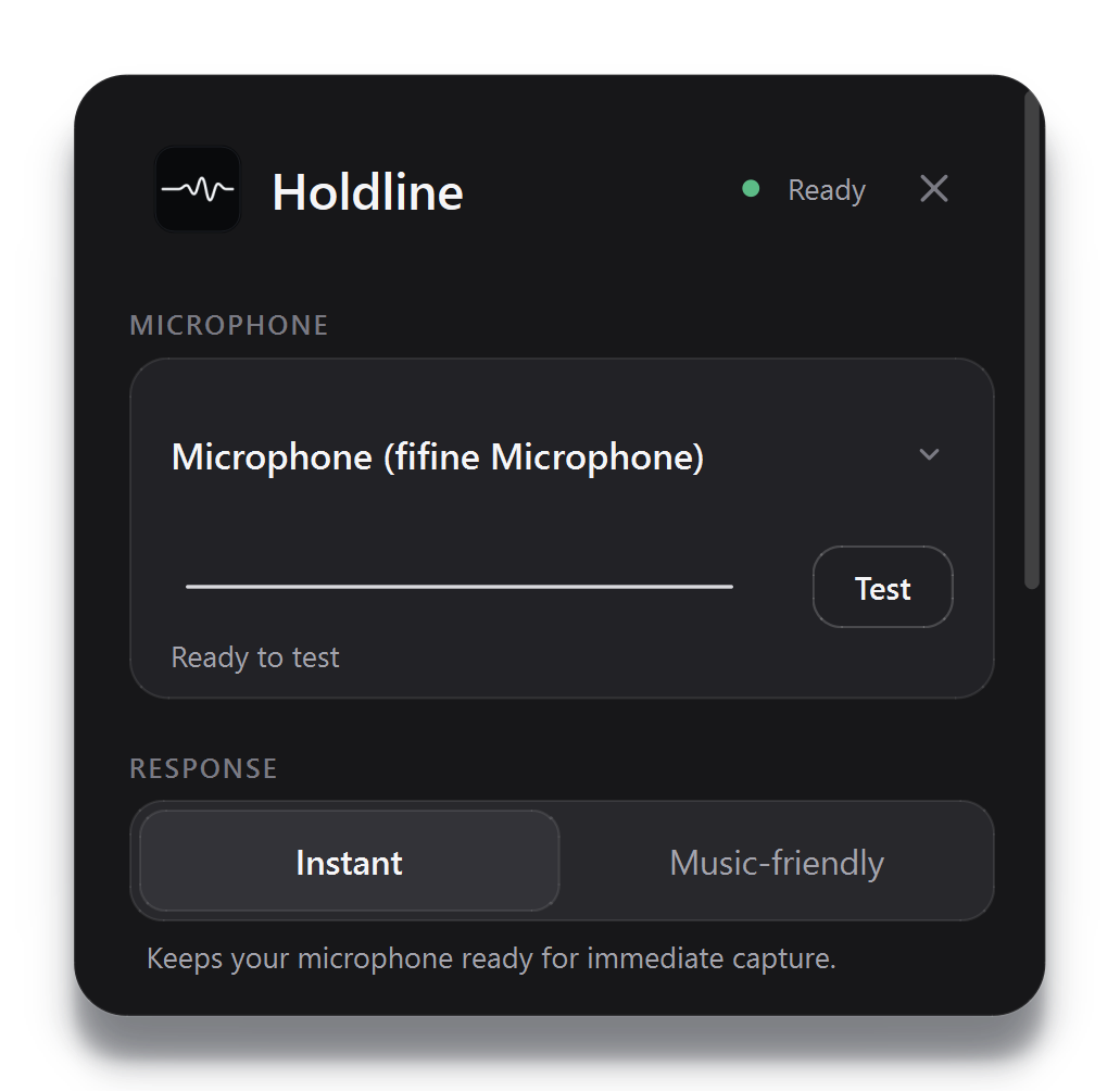 The Holdline control panel in dark mode