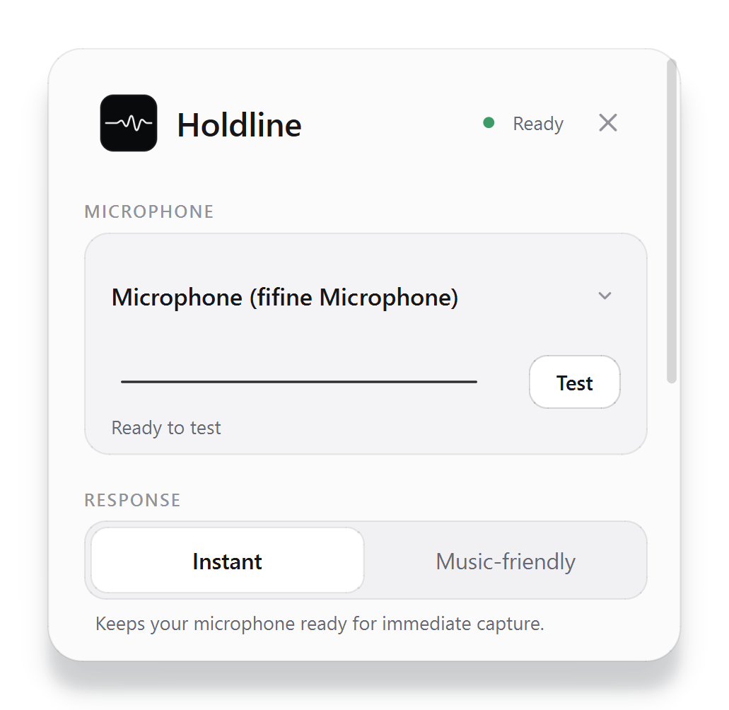 The Holdline control panel: microphone test, response mode, and settings